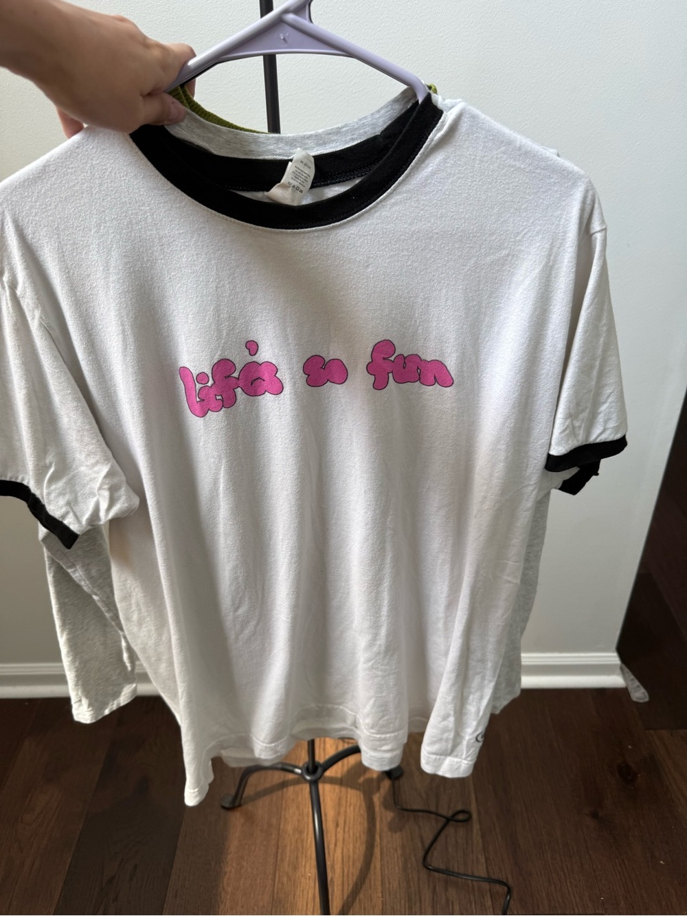 White Ringer Tee with Pink "Life's so fun" Graphic - Women's Short Sleeve